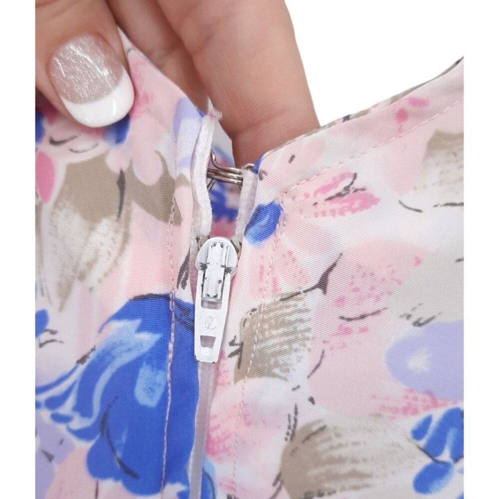 VTG 80s Pink Blue Green White Floral V-Neck V-Back Midi Fit & Flare Dress L - Picture 6 of 8